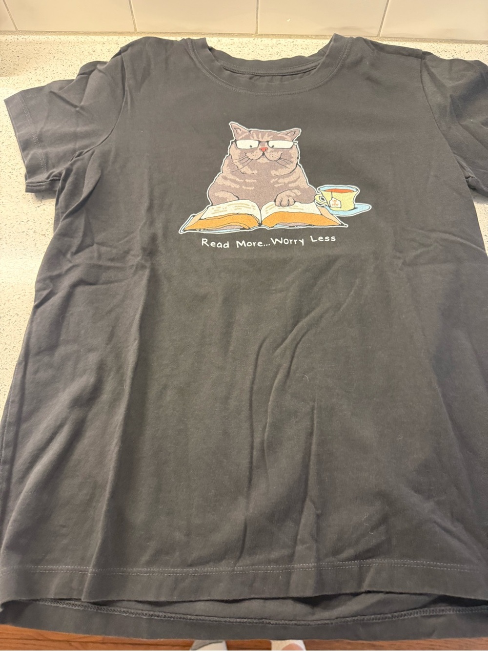 Life Is Good Black Tee with Brown Cat Reading Graphic